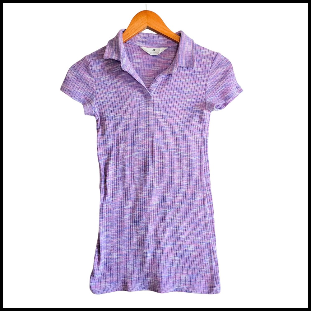 H&M Ribbed Polo Dress - Purple Knit Short Sleeve Casual Kids‎ Size 12 14 Years